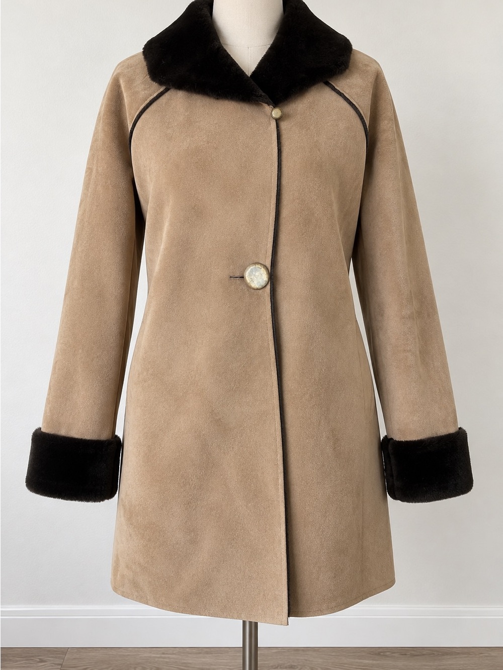 J.Jill Faux Suede Shearling Trim Long Coat Tan Brown Size S